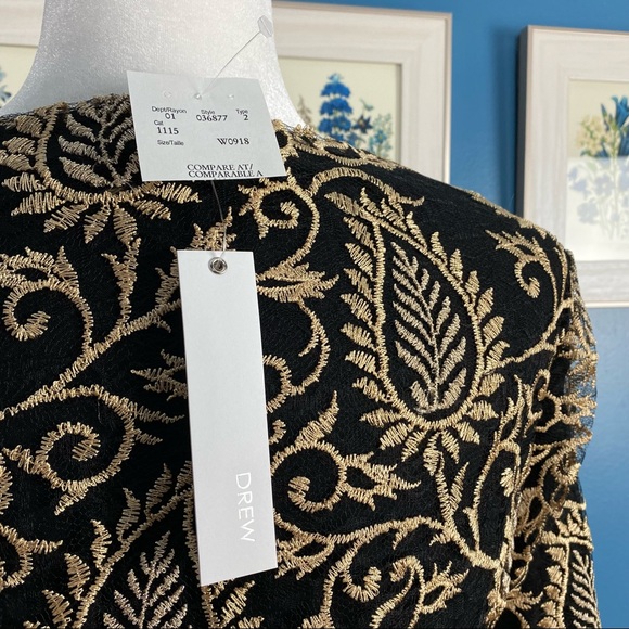 🆕 NWT DREW Women’s Black/Gold Embroidered Mesh Top Tulle Blouse A-Line XS - Picture 9 of 11